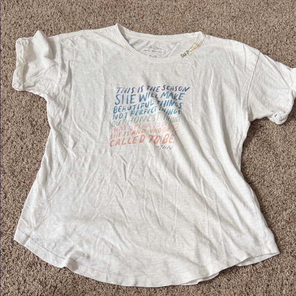Anthropologie White Graphic Short Sleeve Tee with Pastel Script